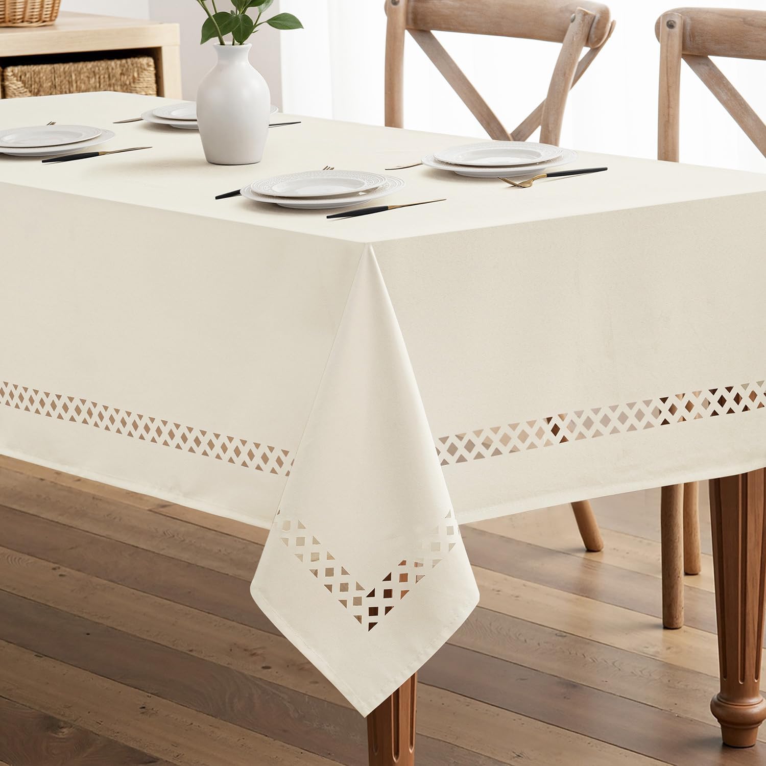 Beige Polyester Tablecloth with Decorative Cutouts