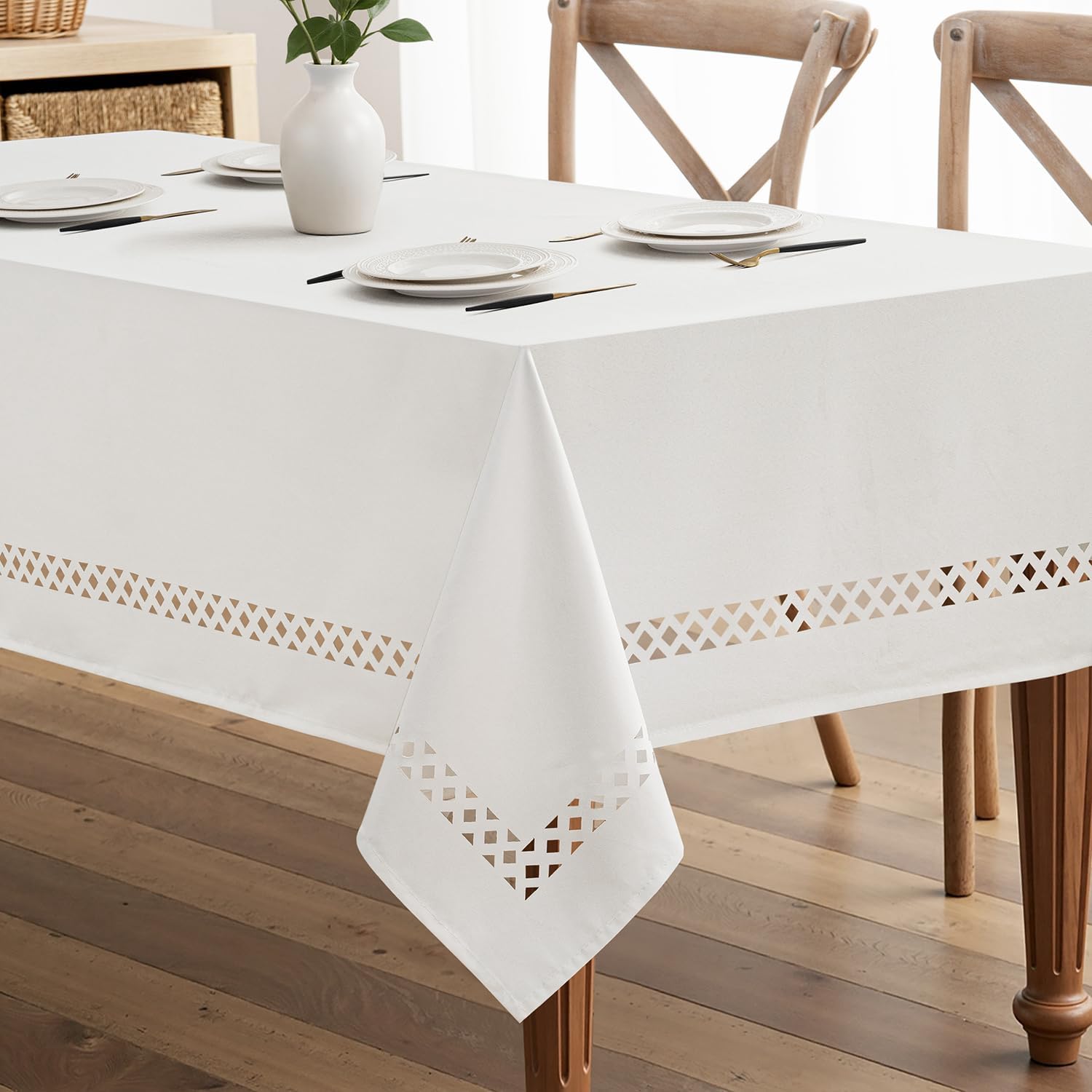 Beige Polyester Tablecloth with Decorative Cutouts