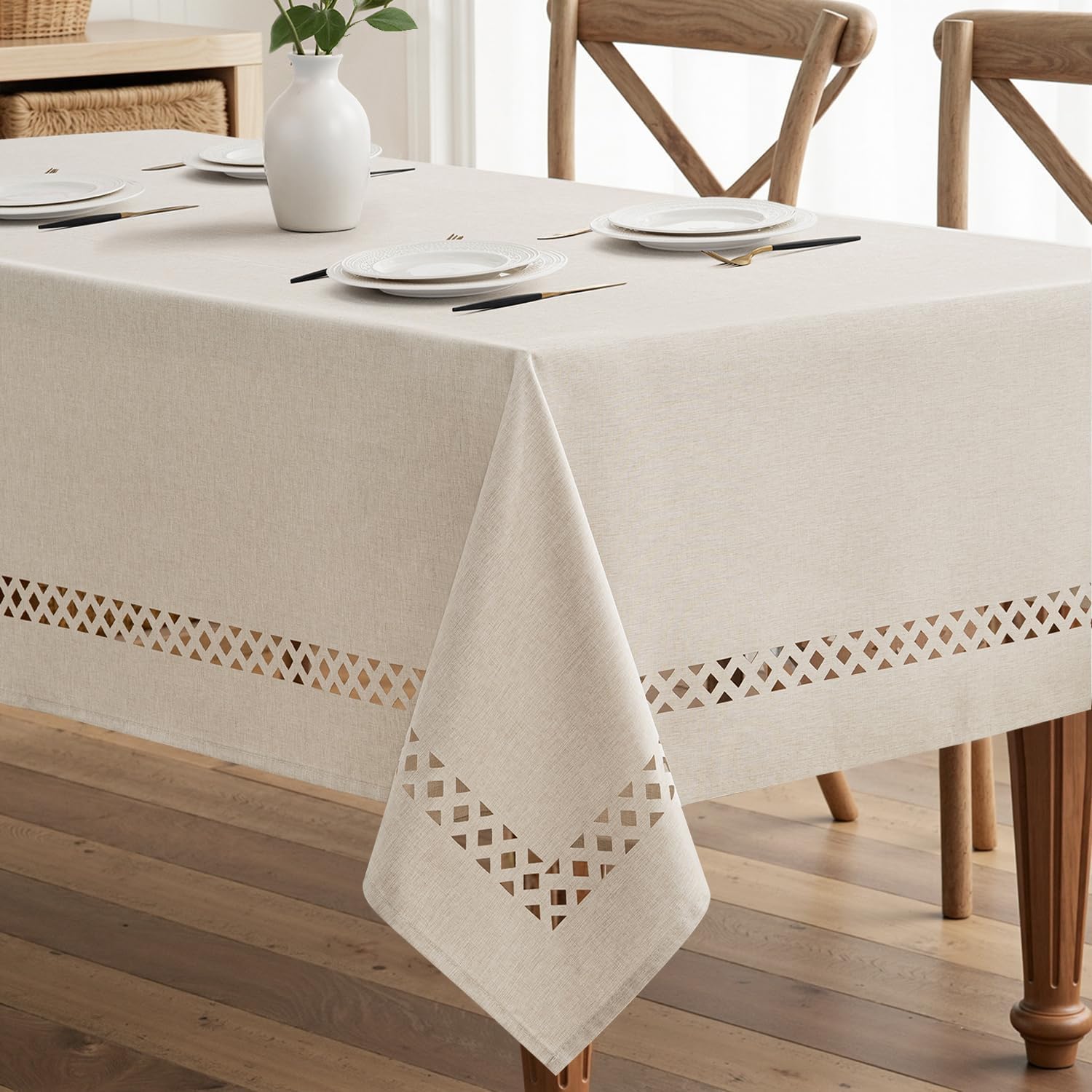 Beige Polyester Tablecloth with Decorative Cutouts