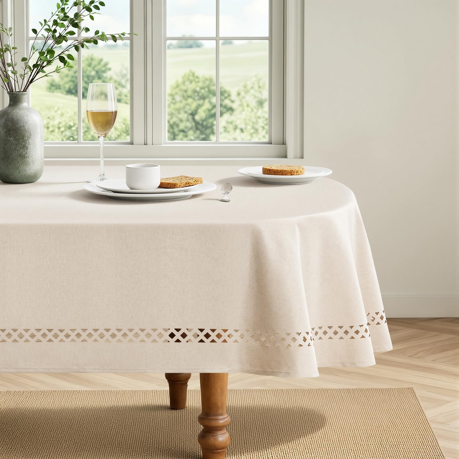 Beige Polyester Tablecloth with Decorative Cutouts