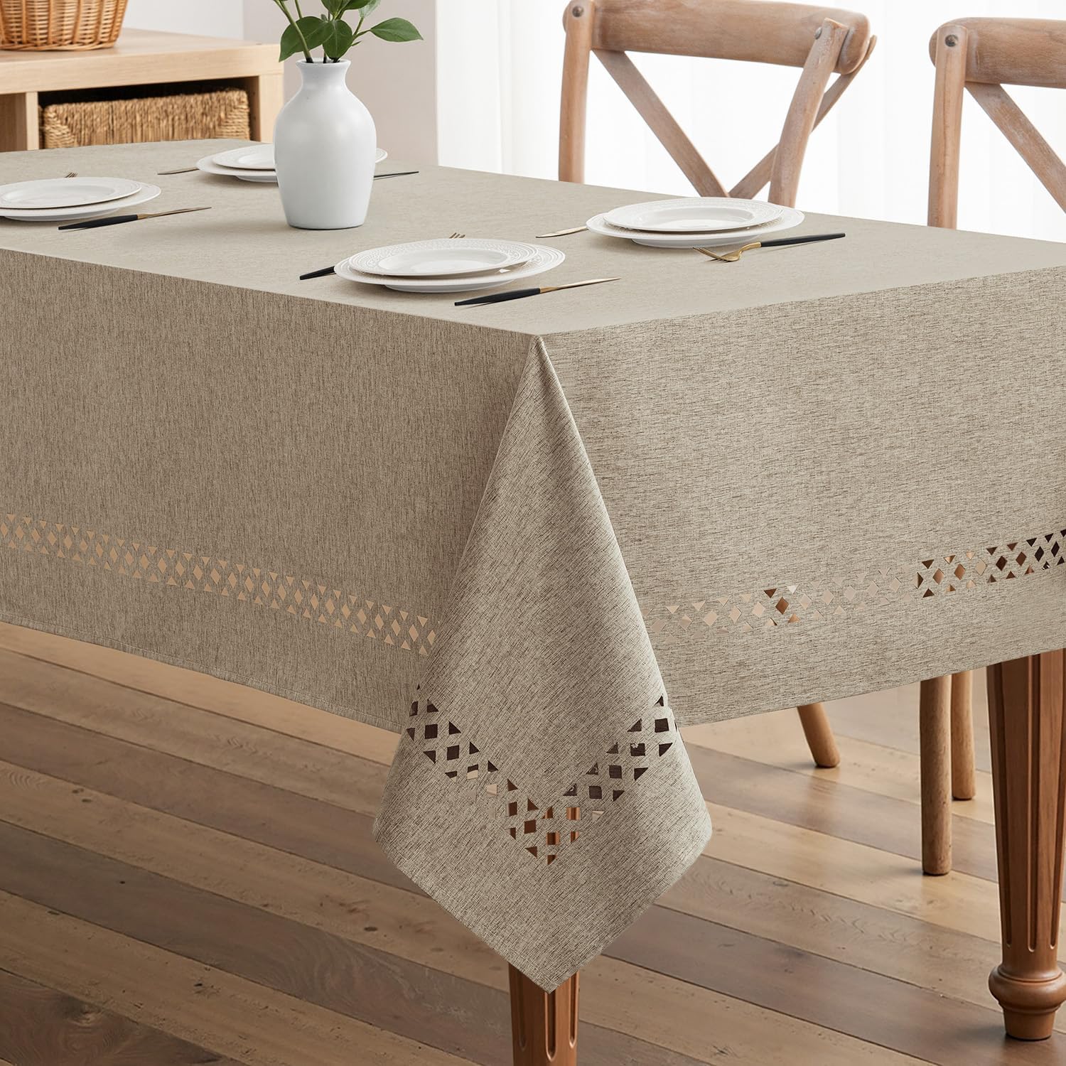 Beige Polyester Tablecloth with Decorative Cutouts