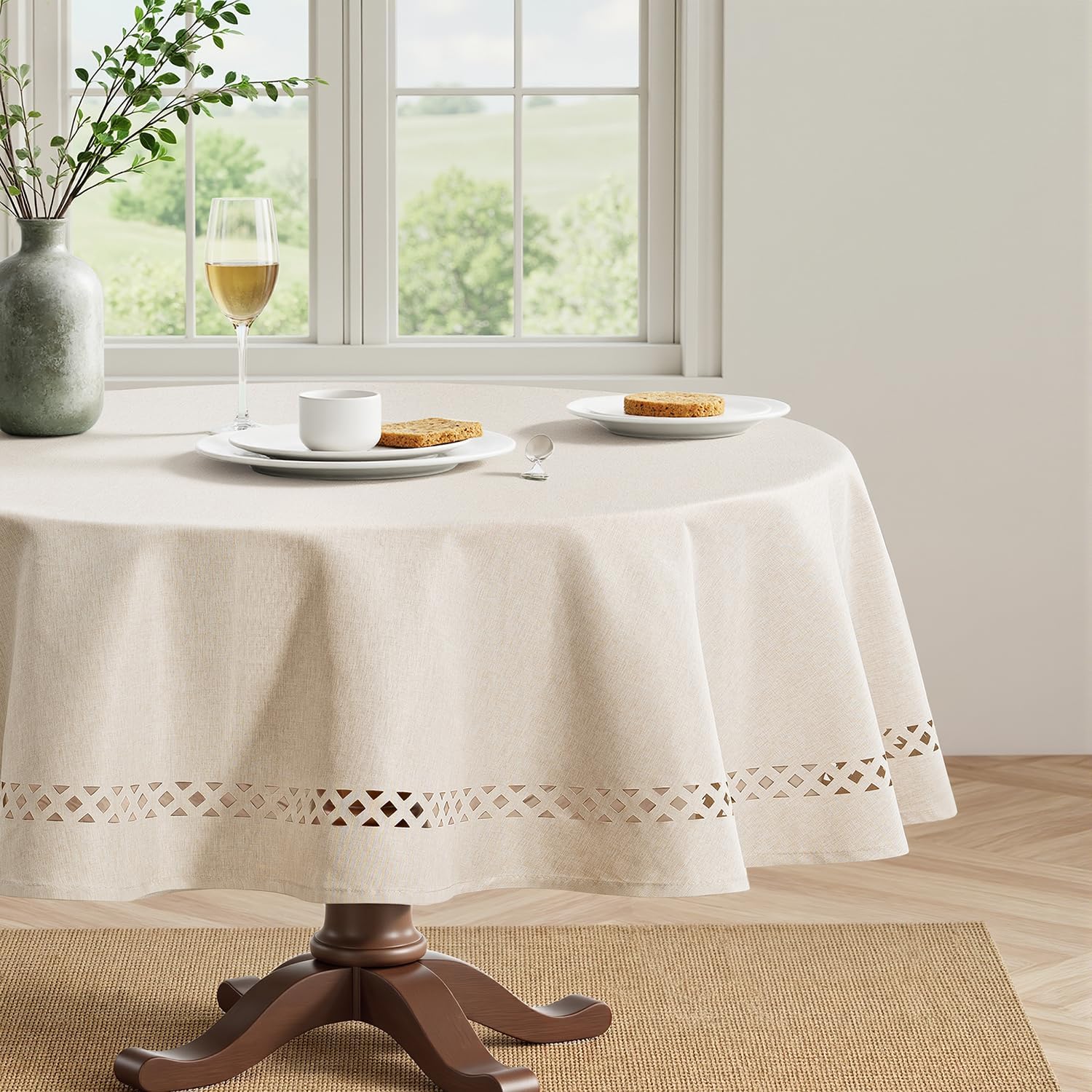 Beige Polyester Tablecloth with Decorative Cutouts