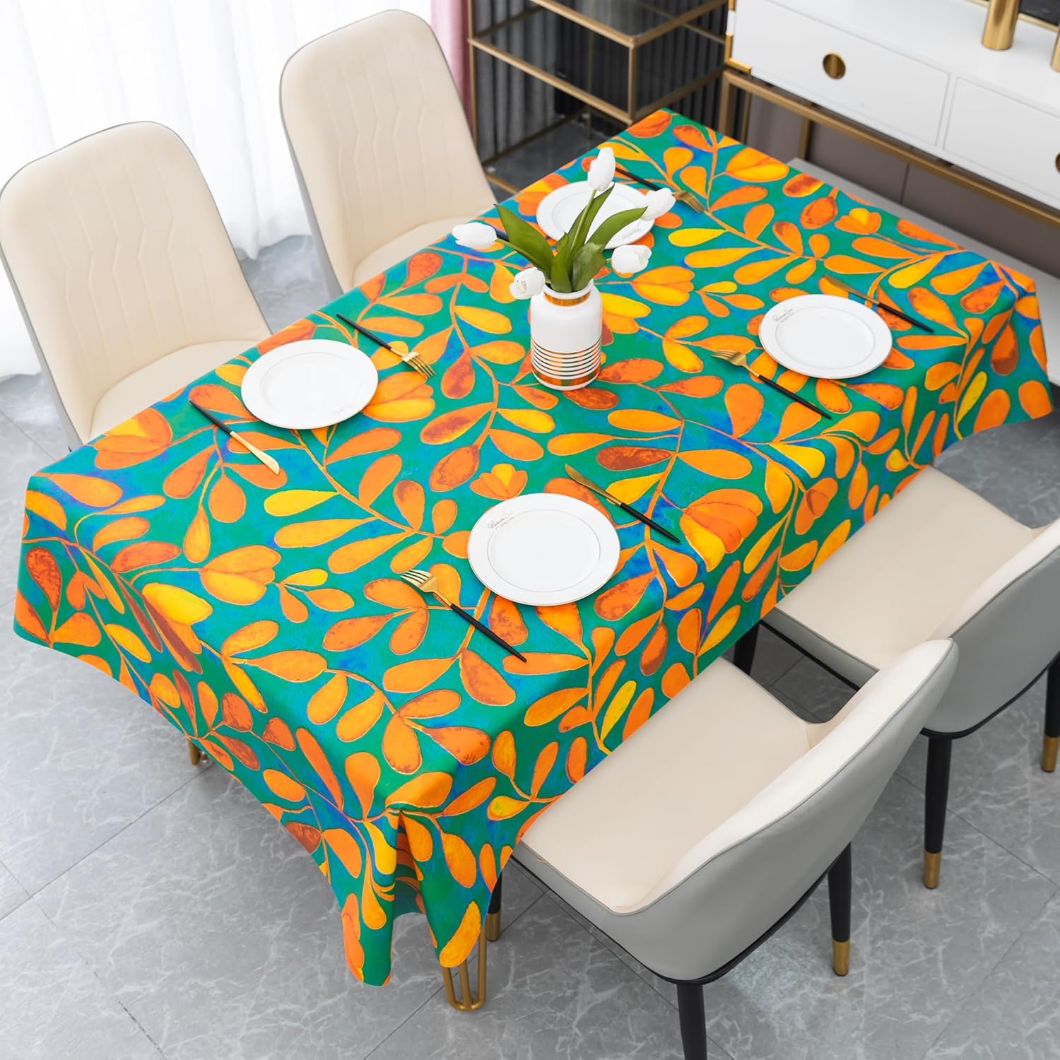 Waterproof Vinyl Tablecloth with Leaf Pattern