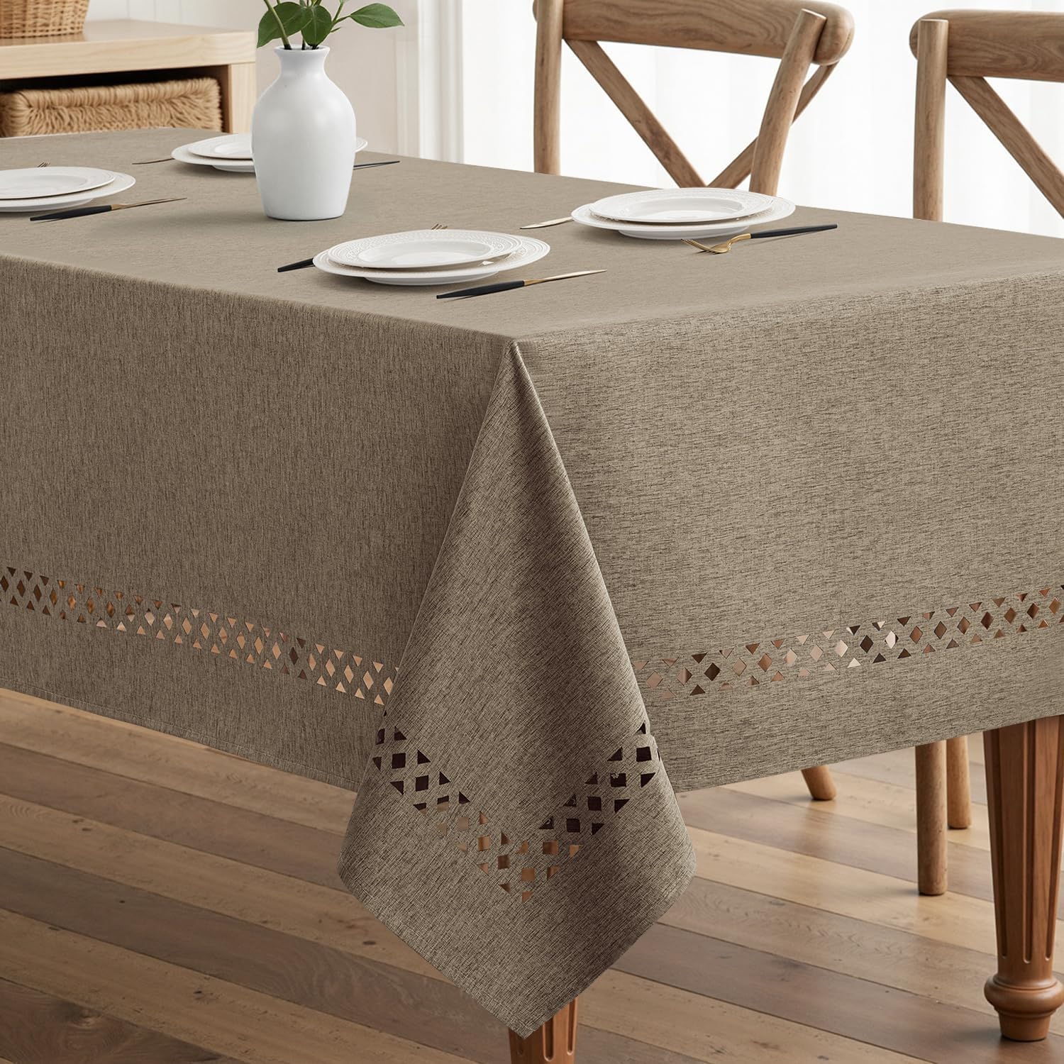 Beige Polyester Tablecloth with Decorative Cutouts