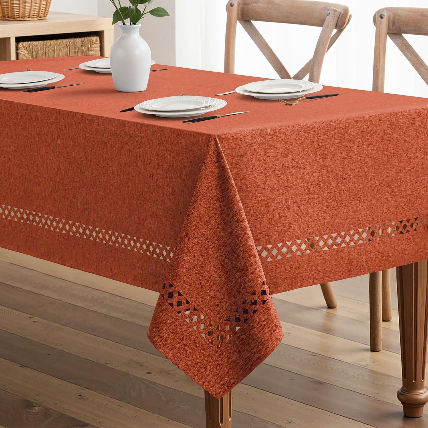 Beige Polyester Tablecloth with Decorative Cutouts