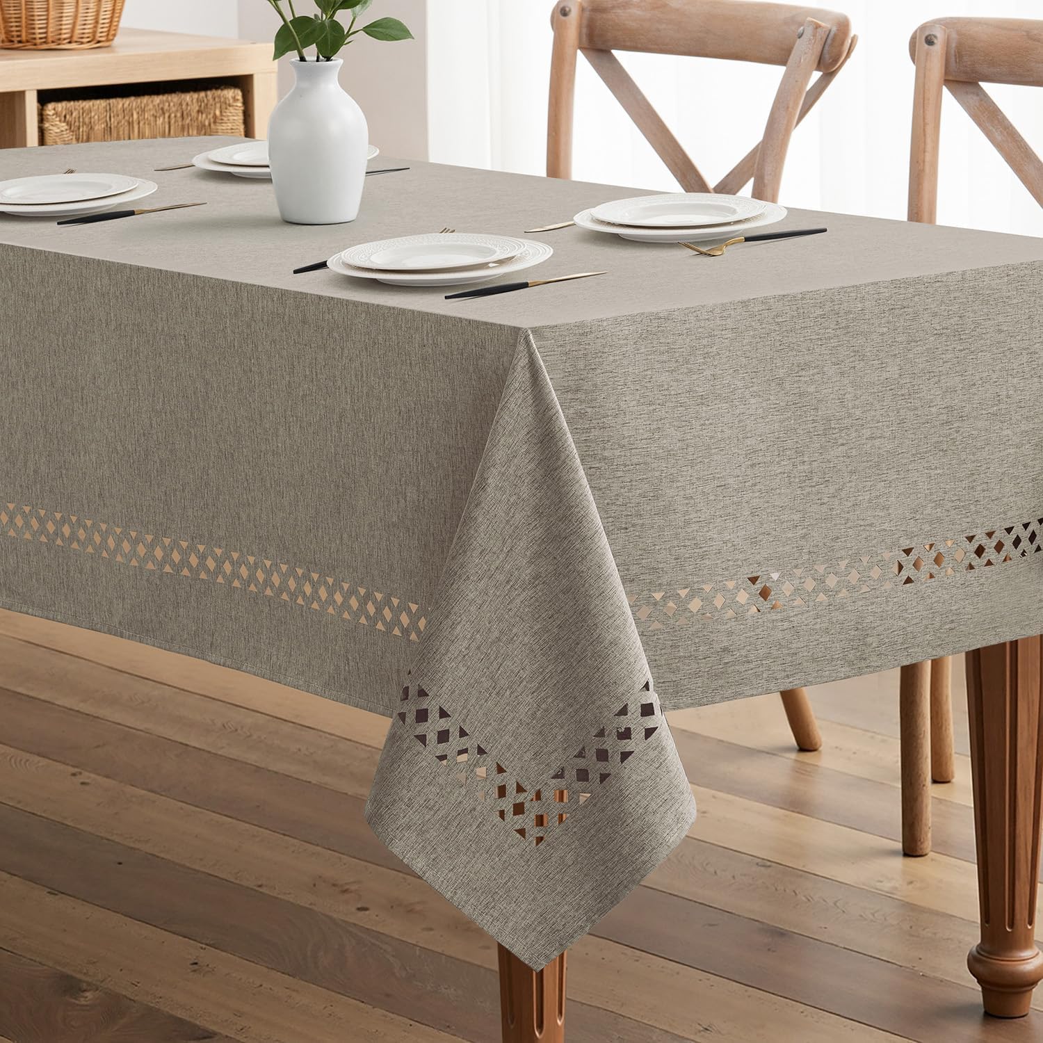 Beige Polyester Tablecloth with Decorative Cutouts