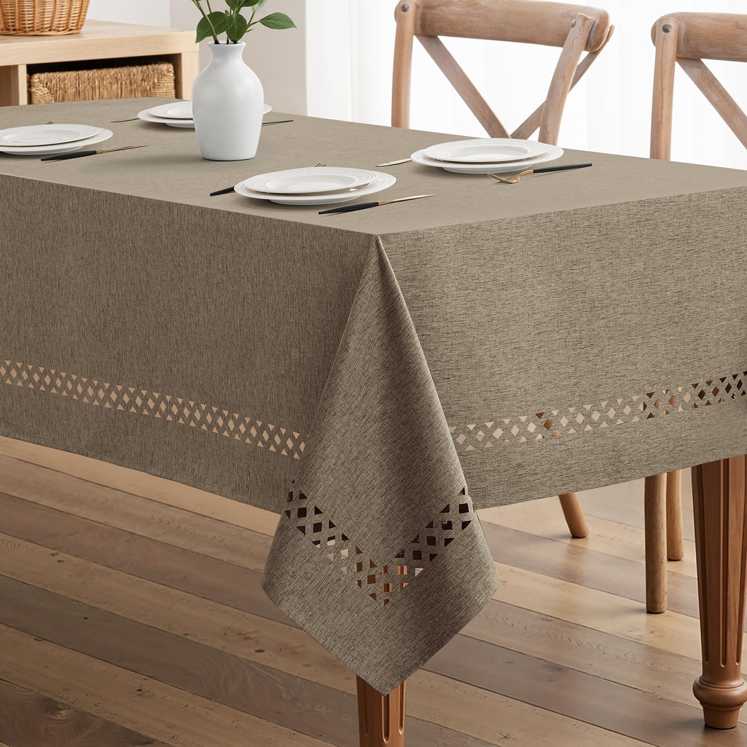 Beige Polyester Tablecloth with Decorative Cutouts