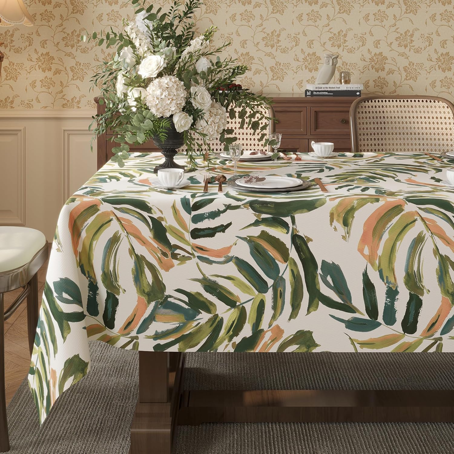 Waterproof Vinyl Tablecloth with Leaf Pattern